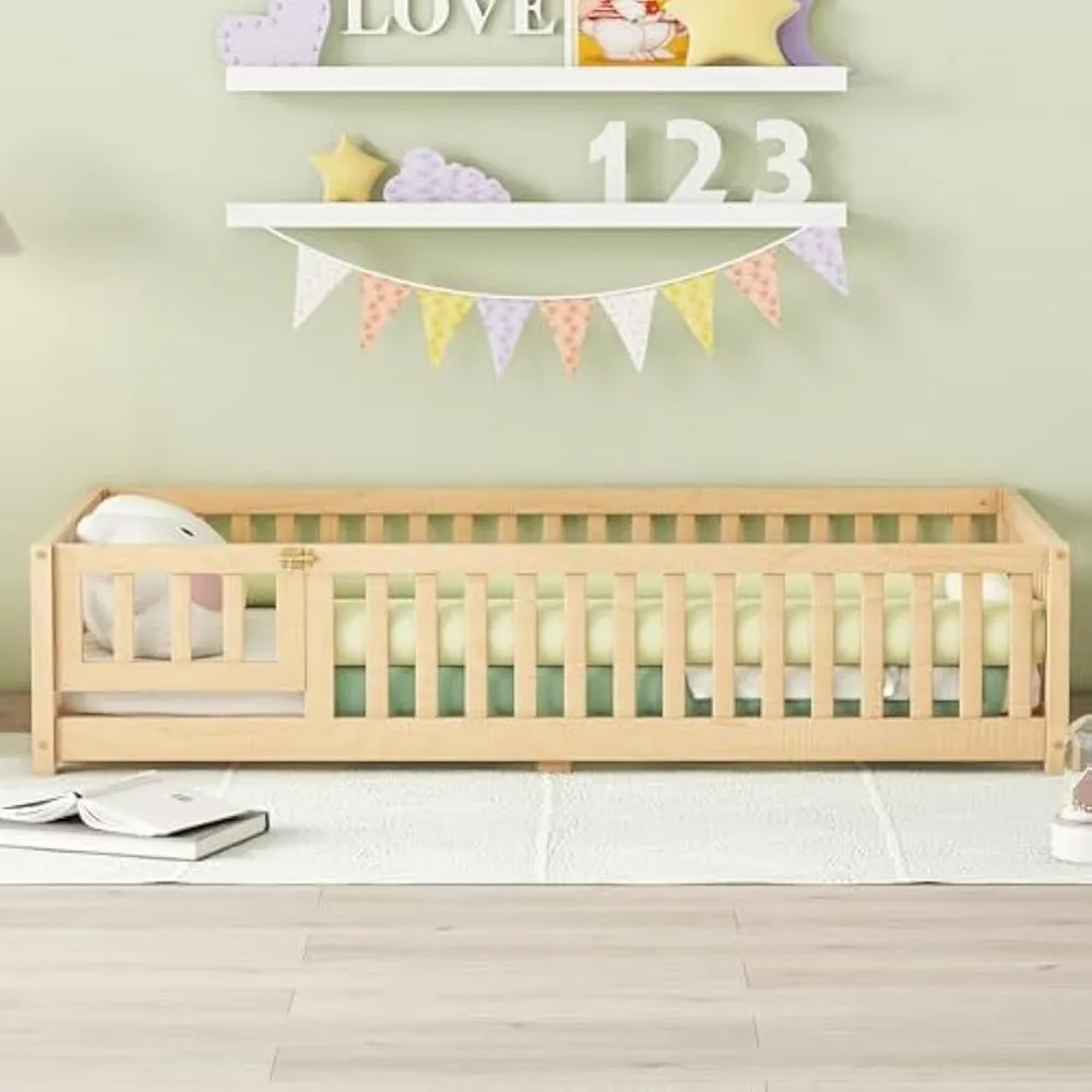 Twin Natural Floor Bed with Slats and Center Support Bar, Kids Montessori Bed with Fence and Door