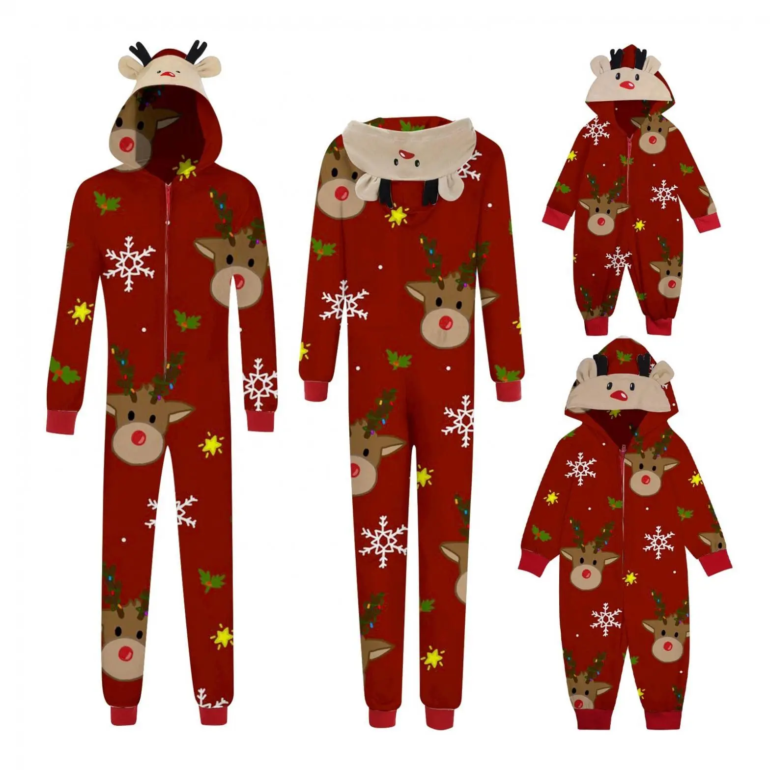 Christmas Family Matching Jumpsuit Long Sleeve Hooded Elk Print Zipper Closure Loungewear