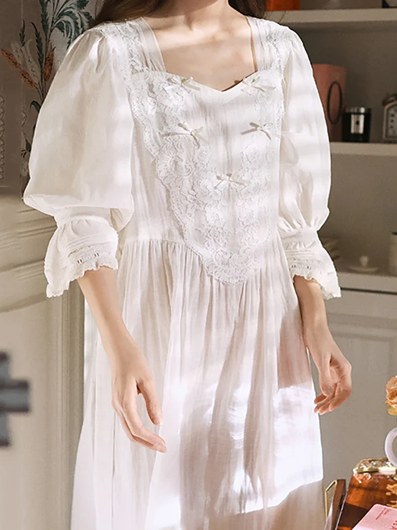 

French Retro Sweet Girl Cotton Long Princess Nightgown Vintage Princess Pajama Nightwear Sleepwear Victorian Fairy Nightgowns