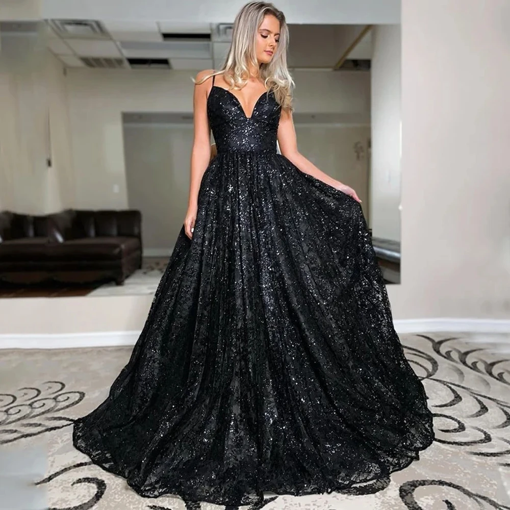 Spaghetti Straps Black Evening Dresses For Women Sequin Tulle A Line V Neck Backless Vestido De Gala Wedding Formal Party Gowns