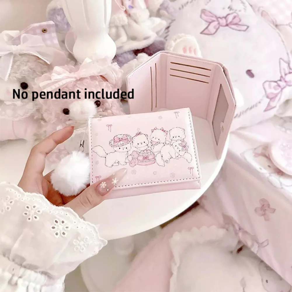Fashion Kawaii Cat Print Short Wallet PU Leather Multipurpose Money Bag Pink Foldable Credit Card Holder Women Girl Travel