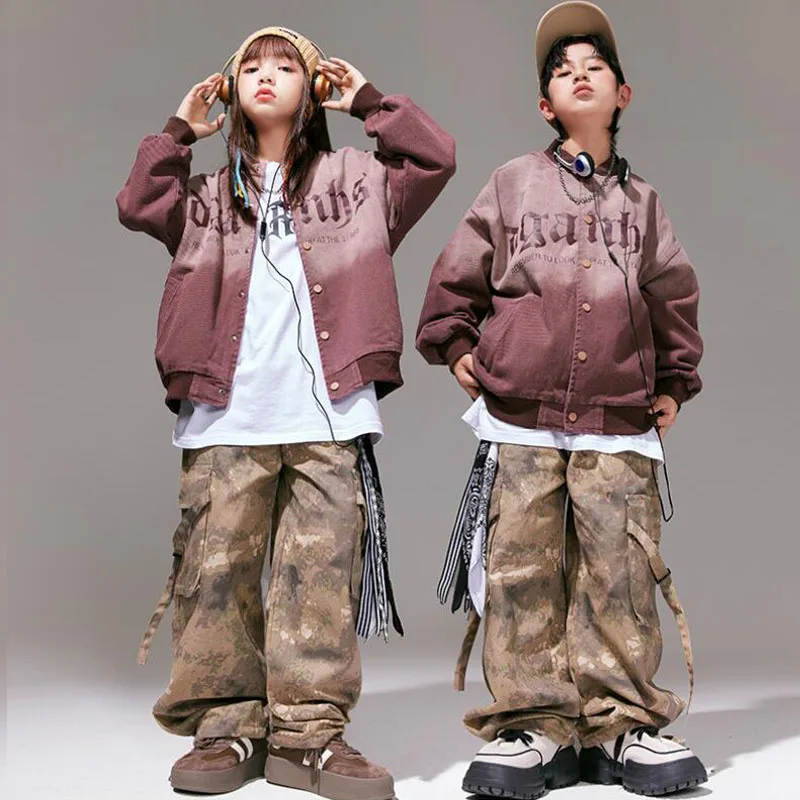 Kids Hip Hop Streetwear Clothing Gradient Jacket Coat Camouflage Casual Wide Cargo Pants for Girl Boy Jazz Dance Costume Clothes