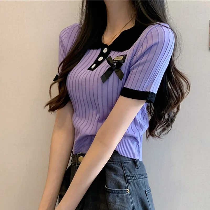 HELIAR Women Knitted Polo Neck T-shirts Short Sleeve Buttons Bowknot Sweet Top Patchwork Solid Shirt Beach Tees Spring Summer