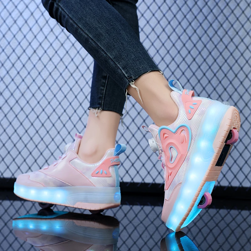 Children Two Girls Wheels Luminous Glowing Sneakers Heels Pink Led Light Roller Skate Shoes Kids Led Shoes USB Charging Fashion