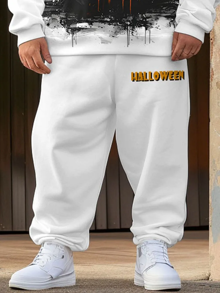 Biggmans Halloween Pumpkin Print Plus Size Outfit Casual Men Hoodie Long Pants Party Suit Club Male Letter Trouser Two Piece Set