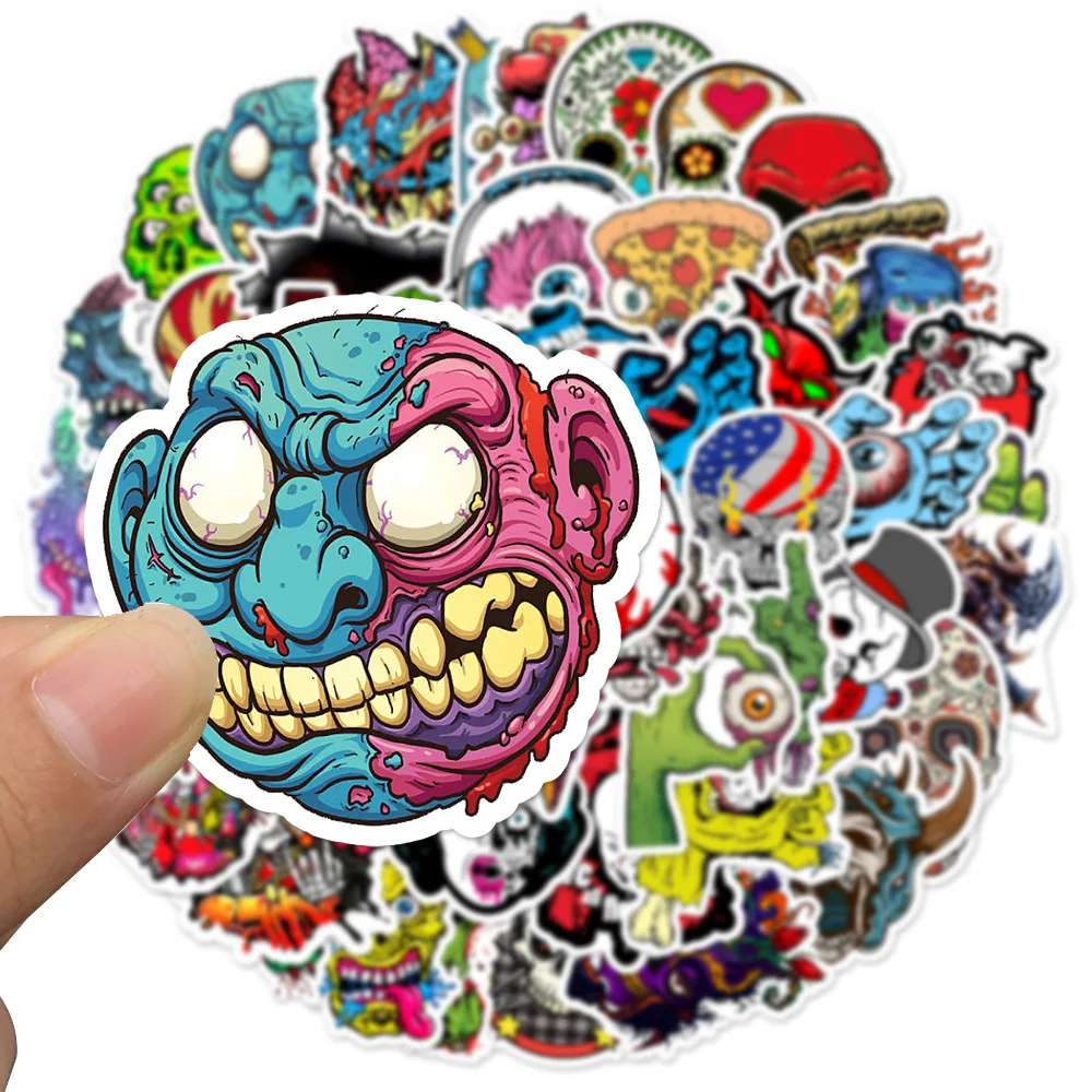 50Pcs Cool Pop Horror Skull Stickers Cartoon Decals Stationery Luggage Laptop Helmet Motorcycle Graffiti Zombie Sticker