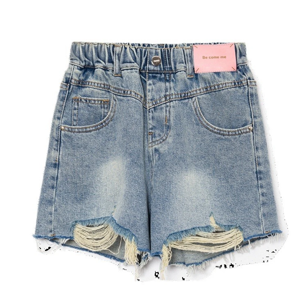 Teen Girls Ripped Shorts With Hole New Arrivals Fashion Summer Elastic Waist Cotton Destroy Denim Half Pants School Kids 5-15Y