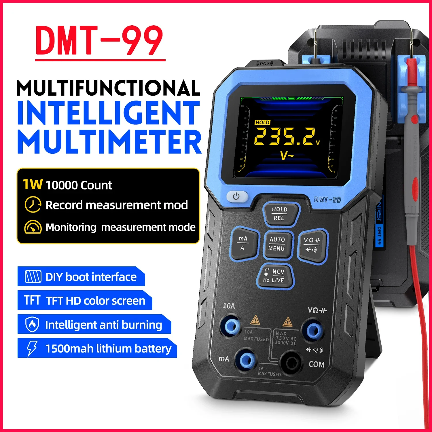 DMT-99 Digitale Display Multimeter 9999 Telt Slimme Professionele Tester 1000V 10a Echte Rms Auto Range Ac Dc Ohm Hz Capaciteit