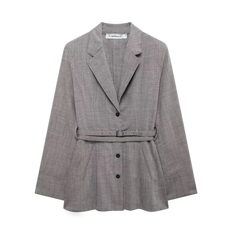 Willshela Women Fashion With Belt Grey Single Breasted Blazer Vintage Long Sleeves Notched Neck Female Office Lady Outfits