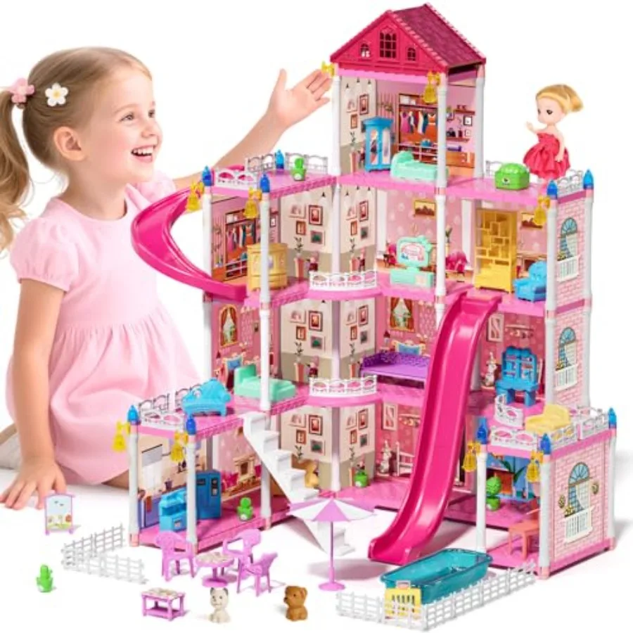 

Кукольный домик Dreamhome, 4-этажный, 12 комнат, с куклой и мебелью, игровой набор для ролевых игр, розовый, игрушка для девочек