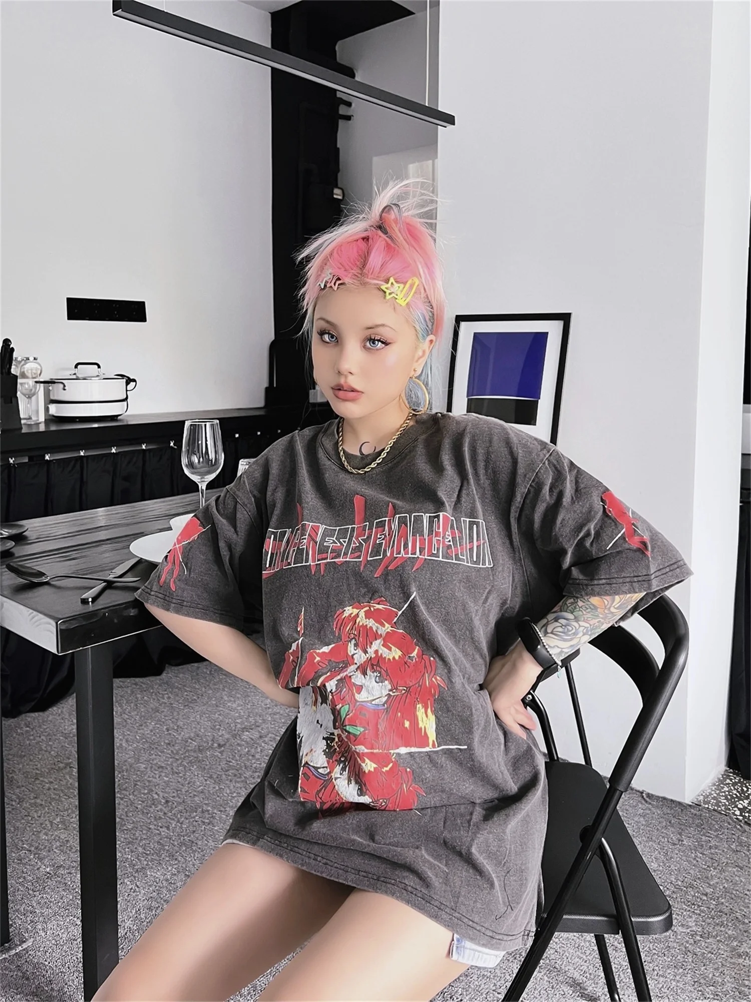 2024 New Summer Vintage Retro Anime Printing High-Street Cotton Casual Loose Good Quality Heavy Texture T-Shirt Tops