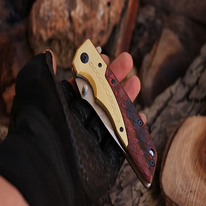 في الهواء الطلق صلابة عالية سكين صغير ، المحمولة ، الدفاع عن النفس ، حاد ، للطي ، رئيس النحاس ، لطخة ، الخشب ، العسكرية الصغيرة