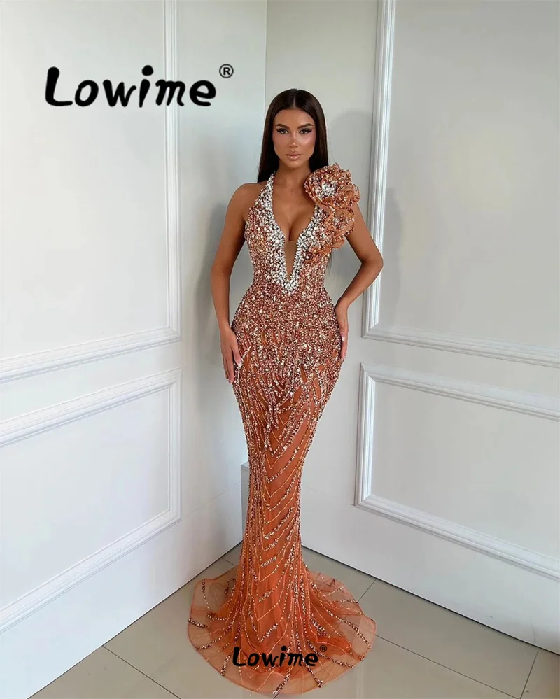 Orange 2024 Aso Ebi Mermaid Prom Dresses Long V Neck Beaded Arabic Evening Gowns Robe De Soiree Wedding Party Dress Customize