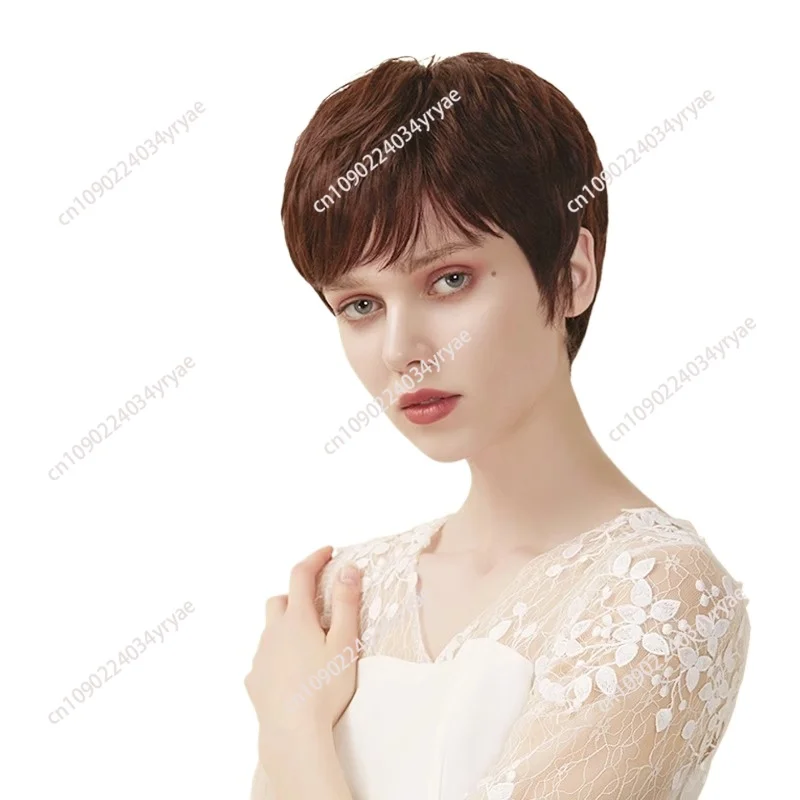 Wig female oblique bangs texture short straight full real hair middle-aged and elderly mother fashionable and realistic headgear