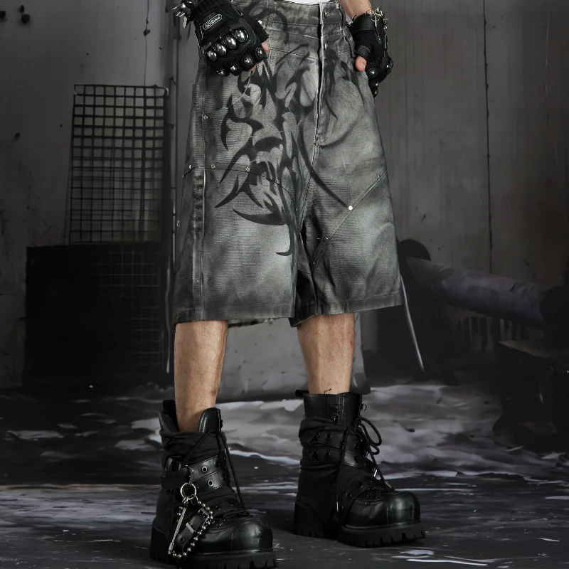 MWJLPWQ Gradient Short Pant Tribal Dark Gothic Print Side Metal Stud Rivet Decor High Waist Men Punk Oversize Casual Bottom16957