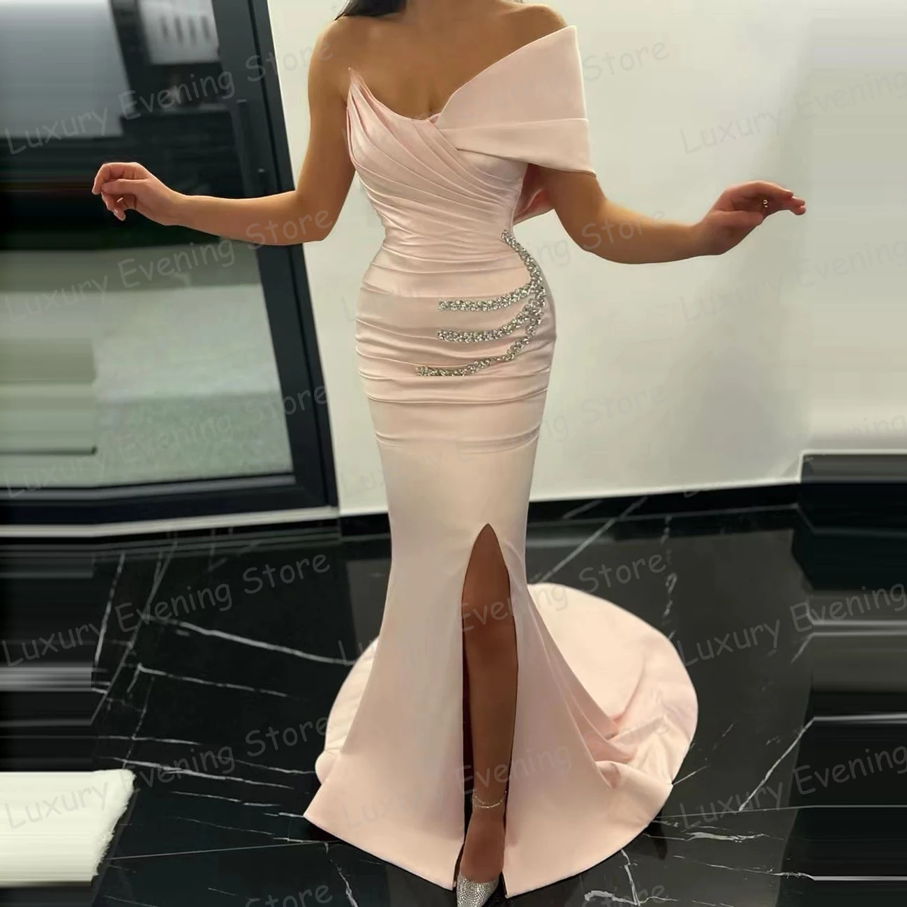 Luxury Elegant Mermaid Evening Dresses 2024 Woman\'s Sexy Sleeveless One Shoulder Split Prom Gowns Court Train Satin فساتين طويلة