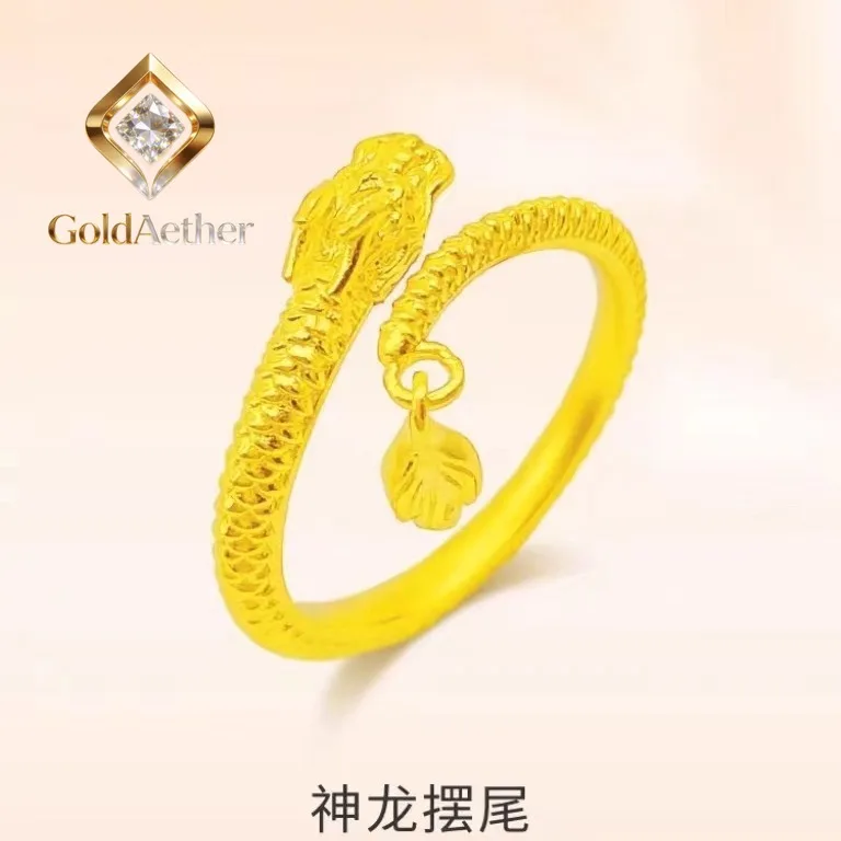 

GoldNouveau Women's 24K Gold AU999 "Dragon's Tail" Bracelet & Open Ring Set | 3D hollow design with adjustable ring, charming fo