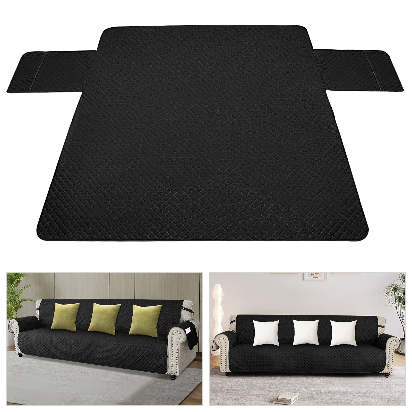 

Черный цельный чехол для дивана (4 места) — 100% полиэстер (водонепроницаемый/мягкий), противоскользящие частицы + эластичные ленты 135x87 дюйма