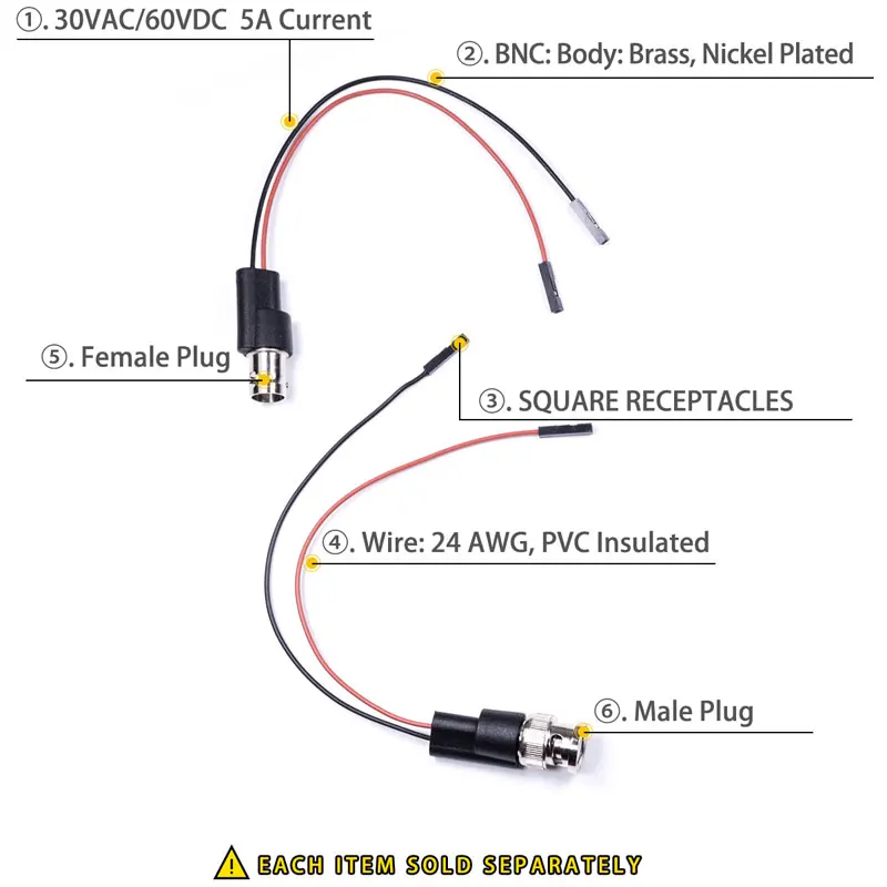 BNC male or BNC female test lead set, oscilloscope probe, crocodile clip, mini test clip, cable to lead, flat ear connector