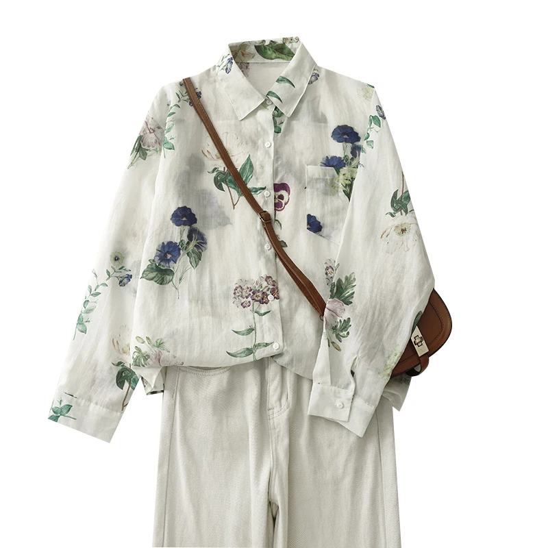 Kardigan damski z odkrytymi ramionami, w kwiatowy wzór, z czystej tkaniny lnianej, zapewniający efekt odmładzający, wysokiej jakości, nowy model na jesień, Sle C...