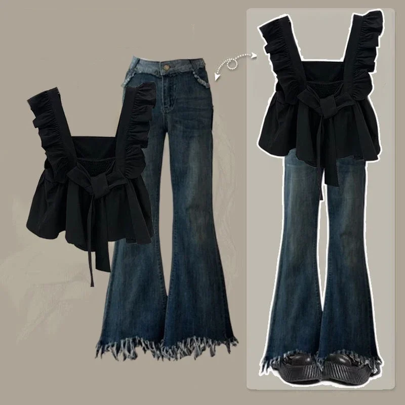 

Лето 2023, женские модные одинаковые комплекты, женские черные топы на бретелях, джинсовые брюки, костюмы из двух предметов, модные рубашки с бантом, брюки, наряд