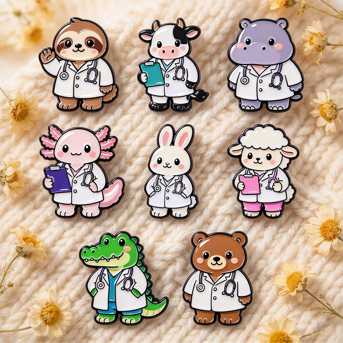 Kawaii Medical Animal Lapel Pins Sloth Cow Hippo Axolotl Rabbit for Backpacks Hats Clothes Bags Decors Accessories Gifts Friends view 5
