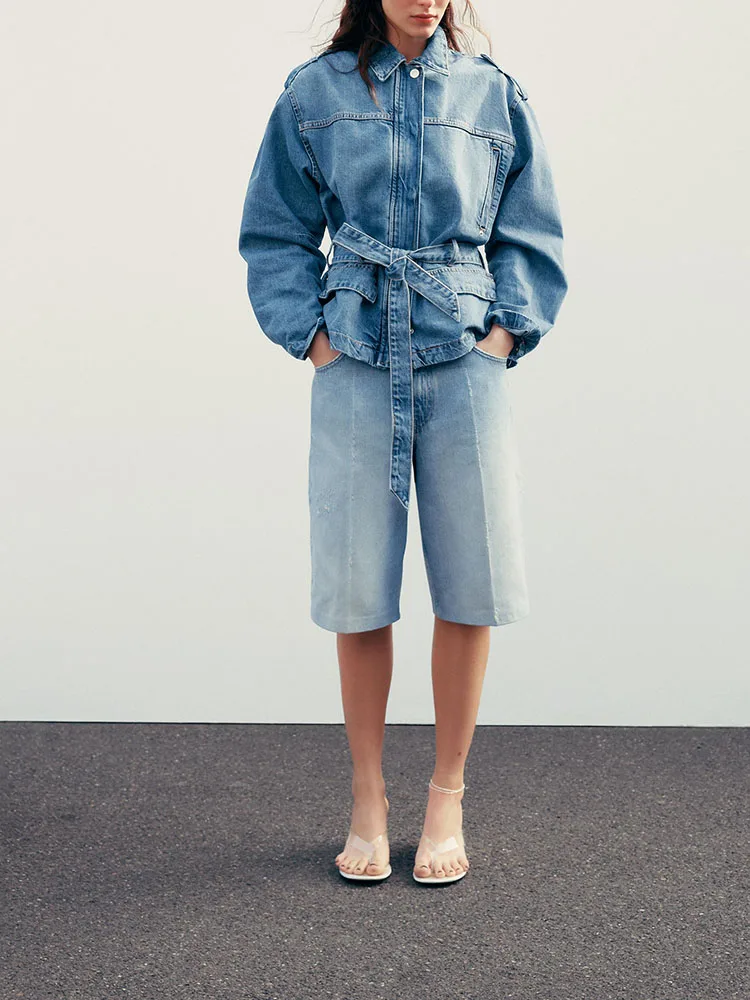 Jaqueta Jeans Fena Nova de Primavera com Manga Longa, Cintura Marcada, Gola Virada, Estilo Casual para o Dia a Dia, Caime...