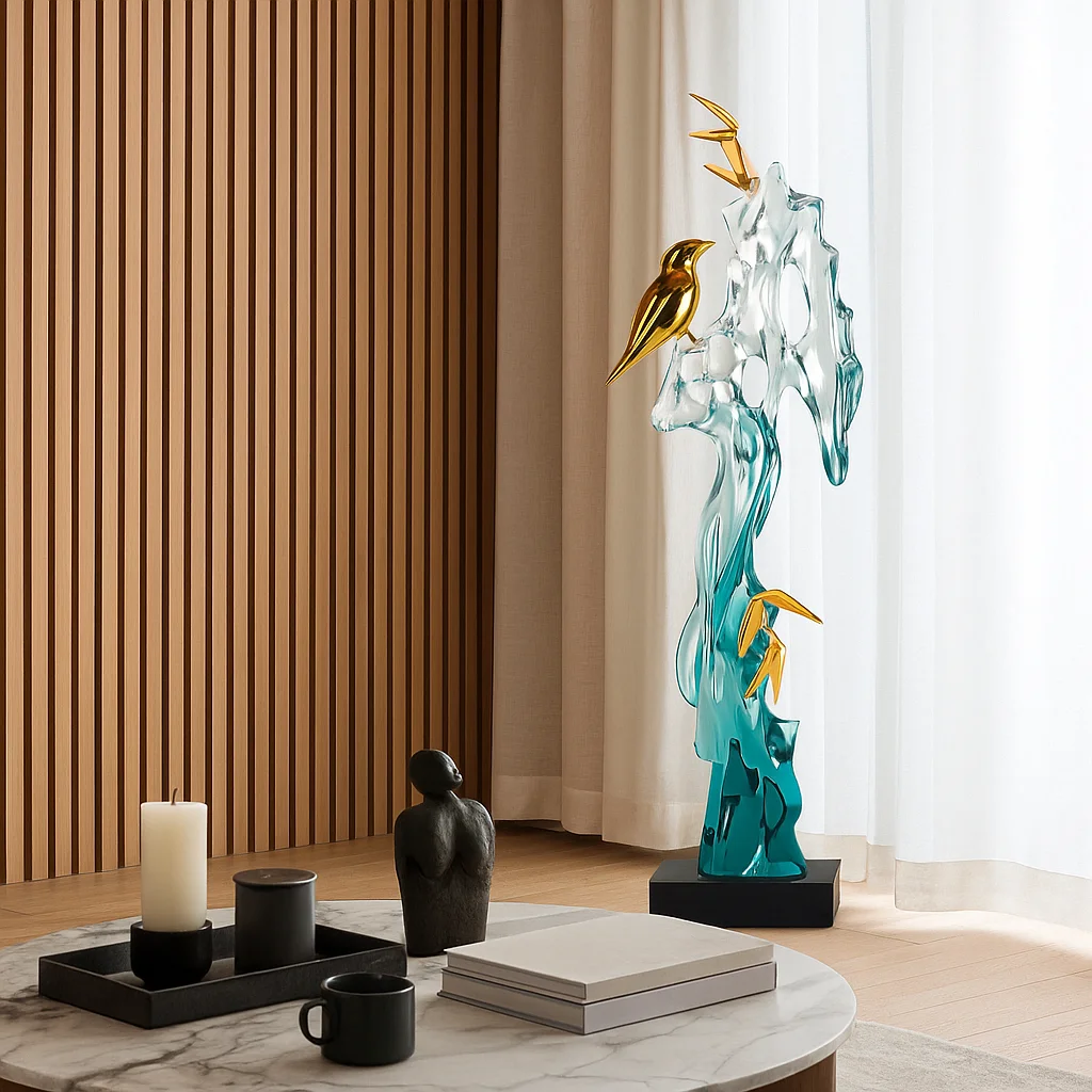 *#Q J Premium Blue Resin Art Sculpture with Golden Bird Accents Hand-painted for Modern Living Room Decor&