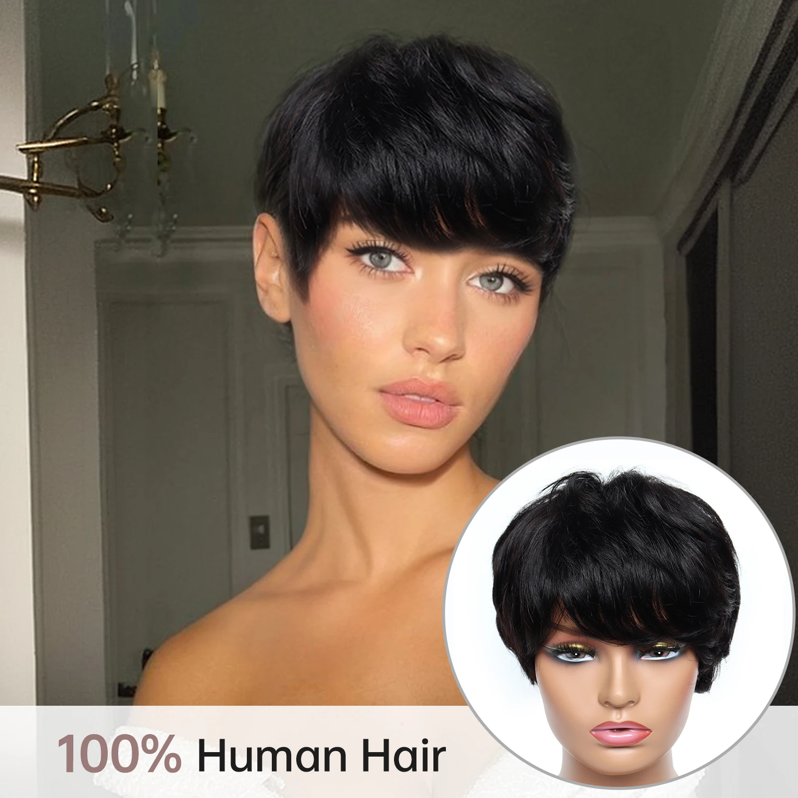 Black Straight Human Hair Wig for Black Women Afro African Hair Short Pixie Cut Wig with Bangs Daily Use Machine Made Human Hair