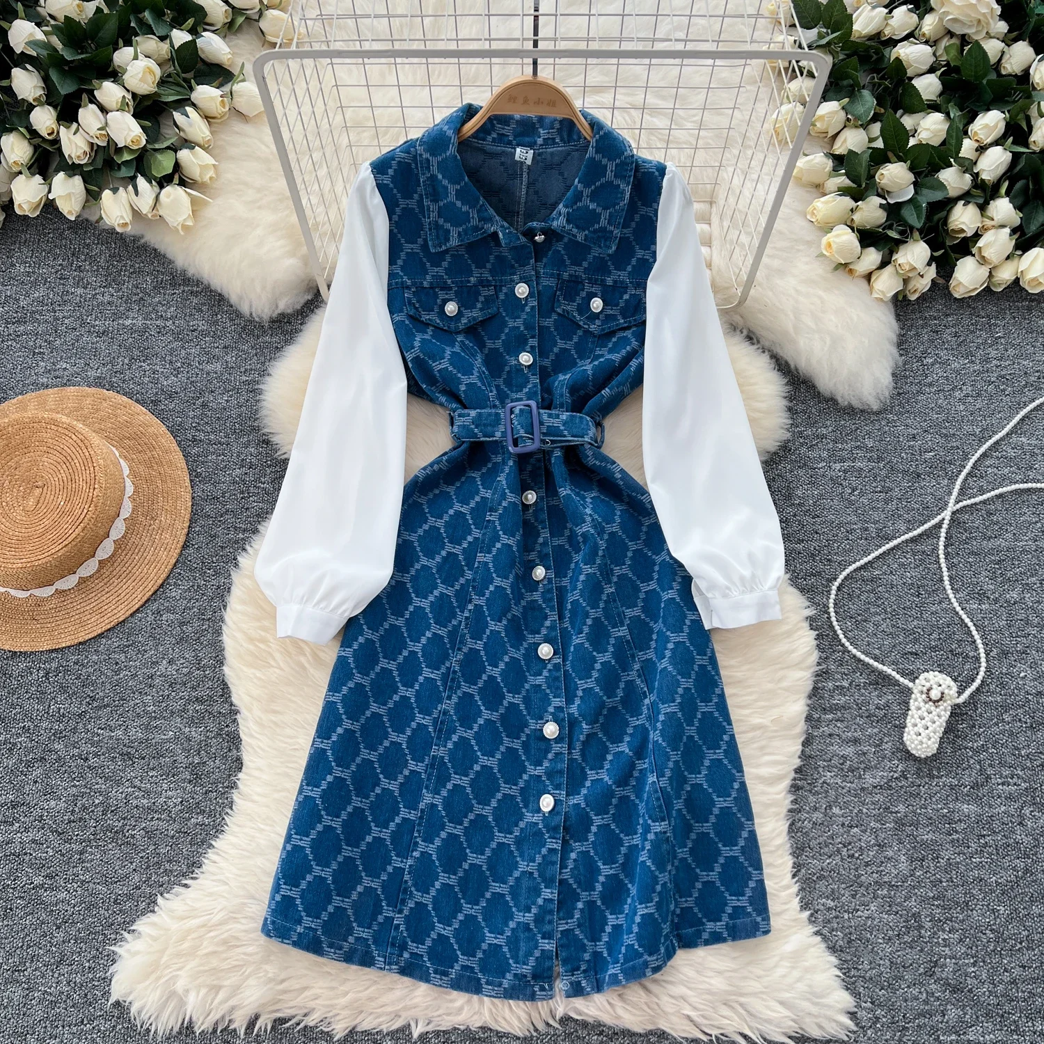 Chic Turn-down Collar Vintage Spliced Cowboy Basics Single Breasted Slim Sashes Dress French Fashion High Street Autumn Clothing