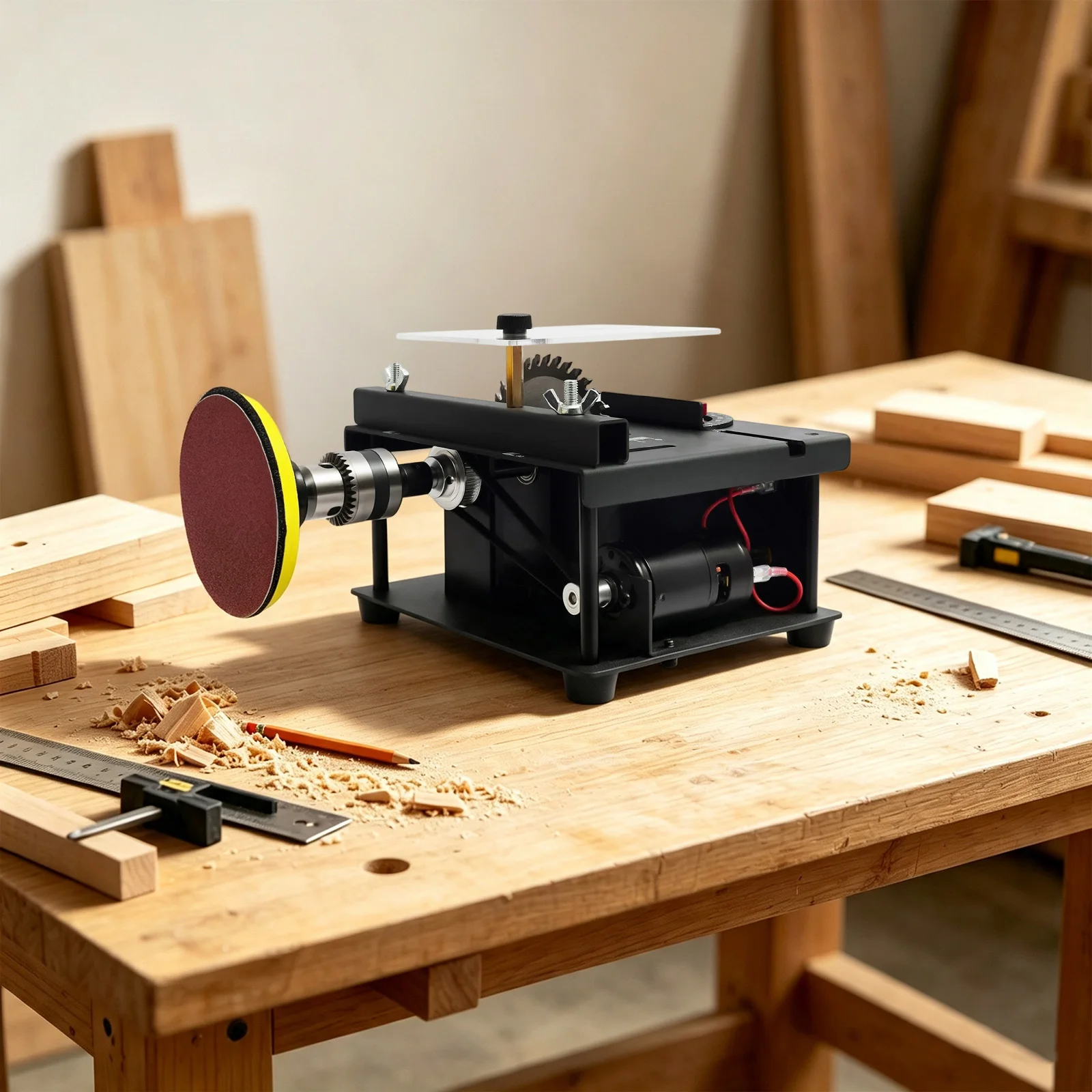 200W Mini Table Saw Multi-functional Desktop Table Saw with Sandpapers 0-90° Cutting for DIY Model Woodworking Craft