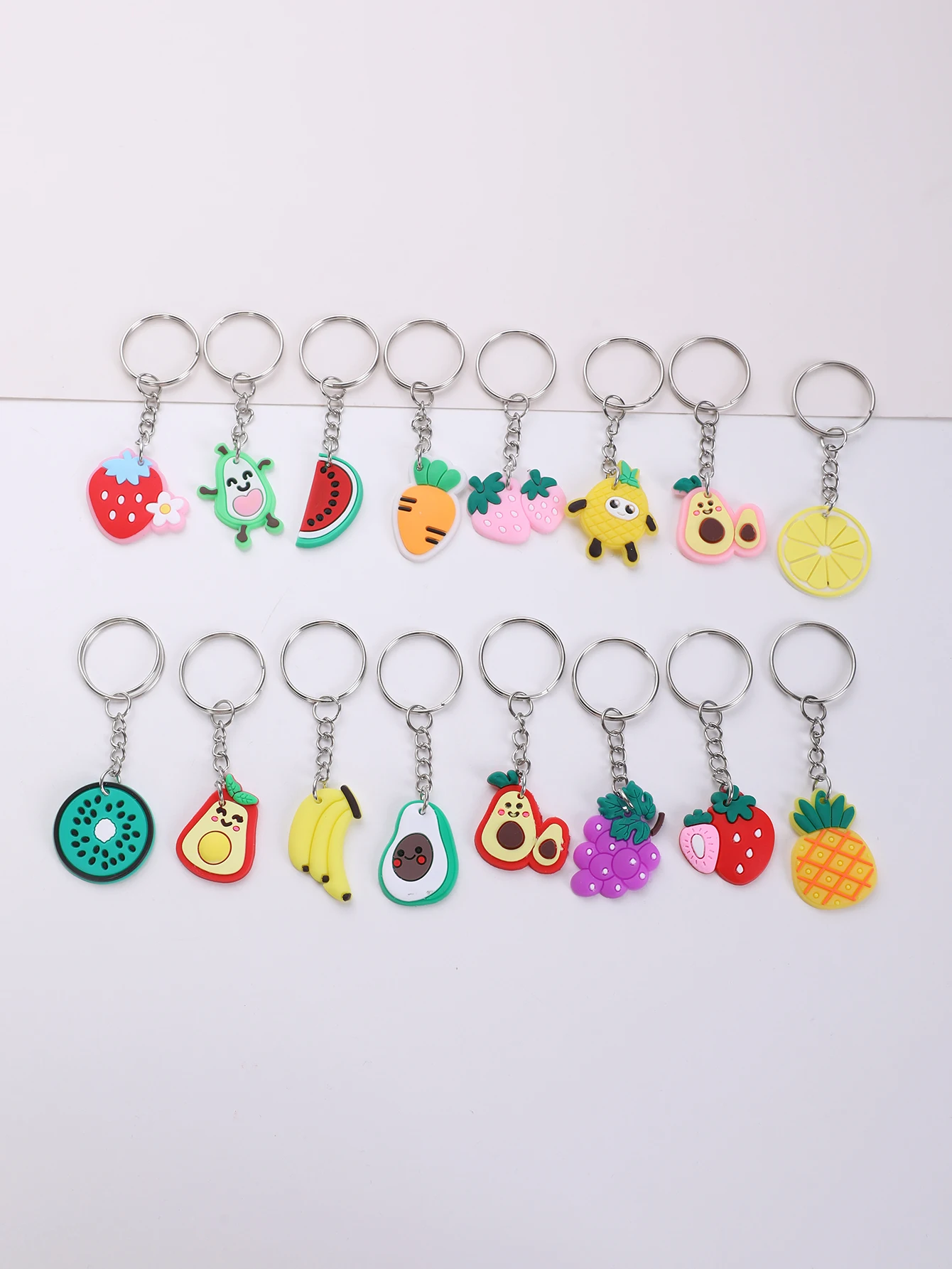 16pcs Cartoon PVC Fruit Design Keyring  Cute Strawberry Pattern Pendant Keychain Decor Purse Bag Charms Decoration For Car Bag