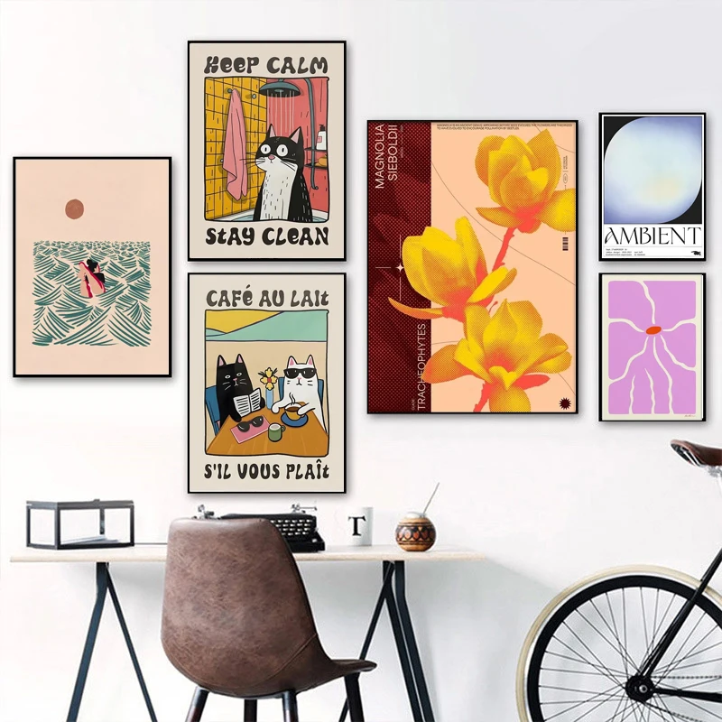 

Cartoon Cat Swimming Flower Abstract Art Abstract Canvas Print Mid-Century Modern Wall Painting for Living Room Decor