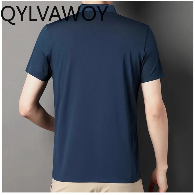 QYLVAWOY 100% Mulberry Silk Mens T Shirt Short Sleeve Black Top Solid Color Thin Style Polo T-shirts for Men Summer Clothes 2024