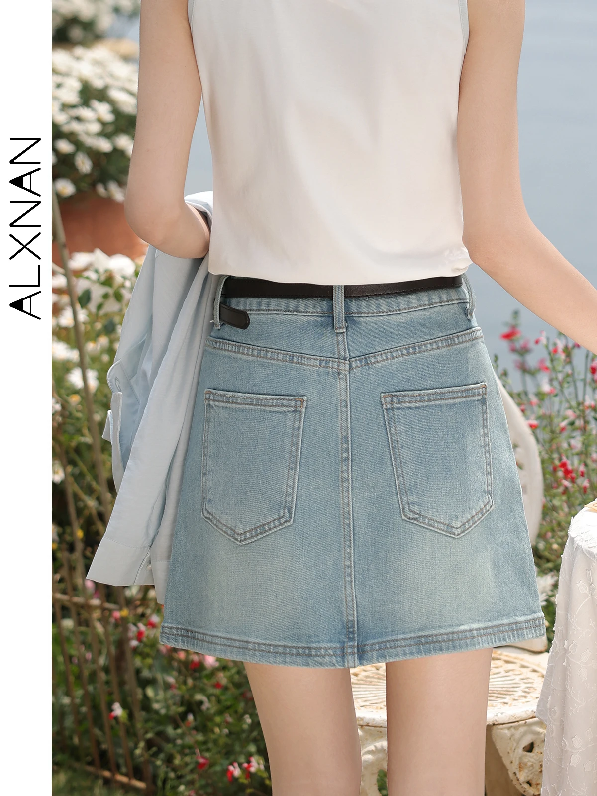 ALXNAN Women's Skirt Blue Vintage Elegant Mini Denim Skirt 2025 Summer High-waist A-line Cotton Casual Ladies Clothing L55172