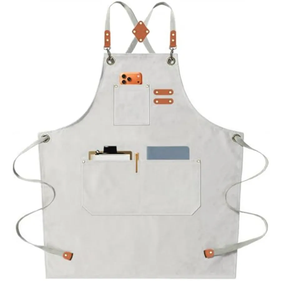 

Chef Aprons for Men Women with Oversized Pockets 16-Ounce Cotton Canvas Cross Back Heavy Duty Work Apron Beige