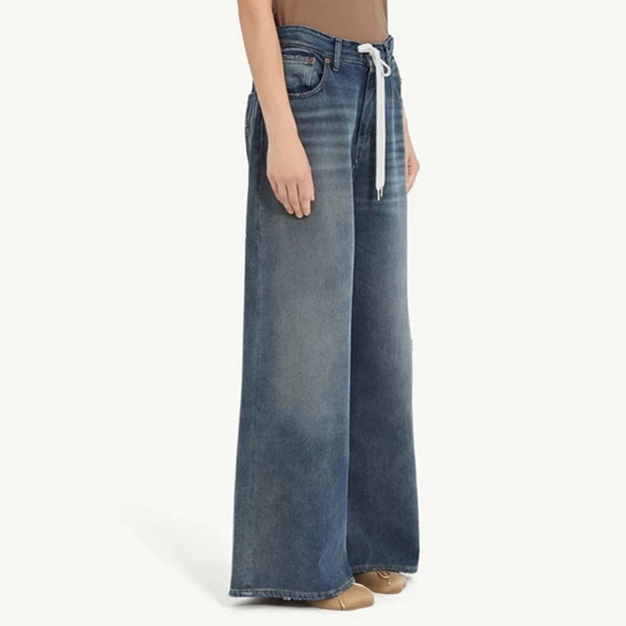 Maxdutti American Retro Washed Drawstring High Waisted Wide Leg Denim Pants Versatile Drape Loose Casual Jeans Woman Clothes