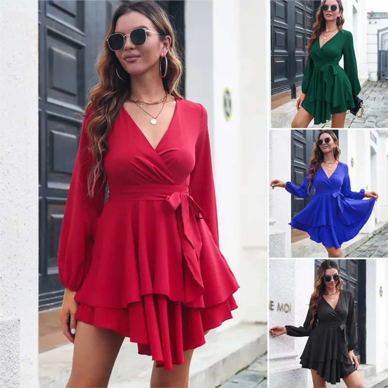 Sexy decote em v cintura cinched rendas até em camadas plissado borda vestido de manga comprida para primavera outono feminino elegante saia curta