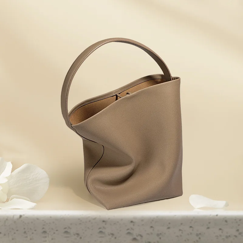 

Soft Cowhide Bucket Bag Commuting Large Capacity Minimalism Ladies Tote Hand Bags Litchi Grain Leather Bag Casual Trend