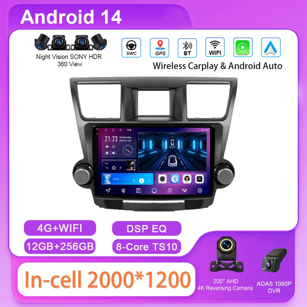 

Android 14 Car Radio For Toyota Highlander 2 2007 - 2013 Auto Multimidia Video Player GPS Navigation Stereo Head Unit 2DIN DVD