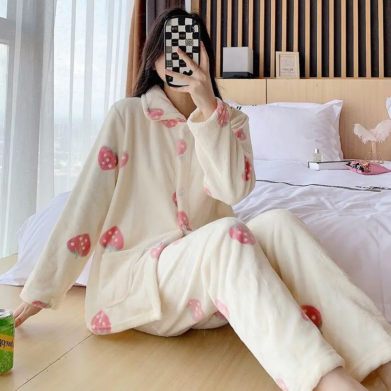 2023 New Autumn Winter Thick Coral Fleece Pajamas Women's Set Loungewear Plus-plus-size Cute Flannel Long-sleeved Sleepwear