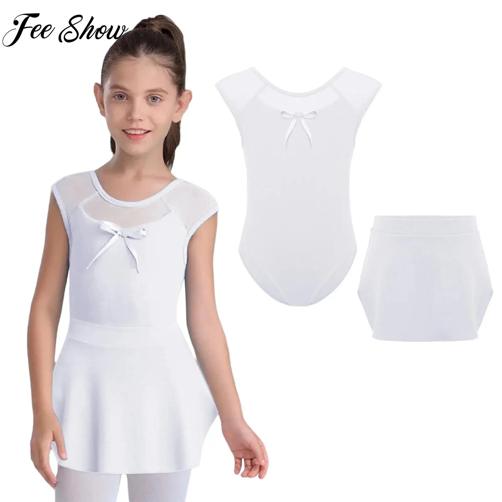 

Teen Girls Figure Skating Ballet Dance Sets Gymnastics Performance Competition Costumes Sleeveless Sheer Mesh Bow Leotard+Skirts