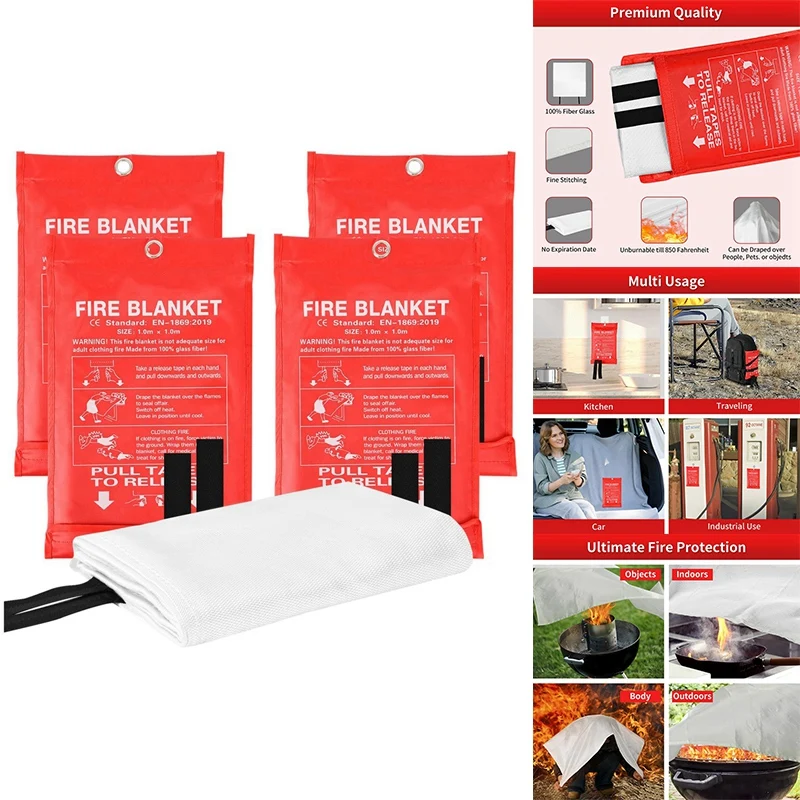 

4 Piece Emergency Fire Blanket White Fiberglass Fabric Fire Blankets For Home, Kitchen School Office, Car, And Grill