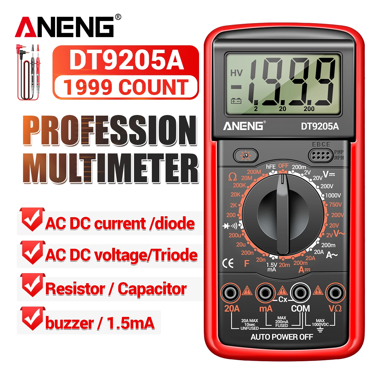 ANENG DT9205A-12 1999 counts Digital Multimeter AC/DC current Voltage Tester Electrical Test Meter Profesional Analog Multimetr