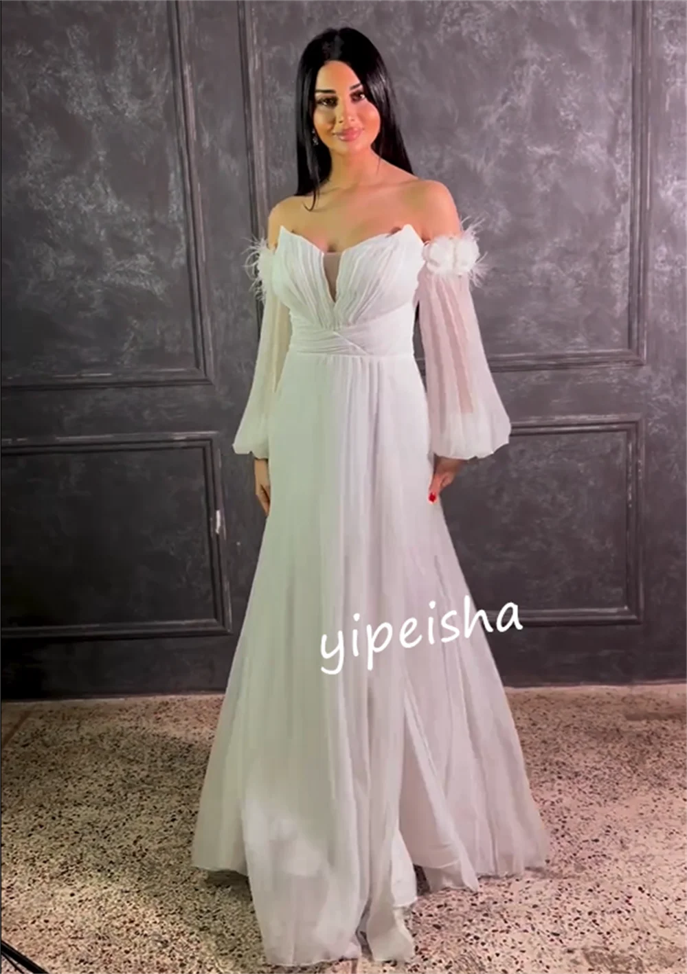 Customized Chiffon Flower Party A-line Off-the-shoulder Bespoke Occasion Gown Long Dresses