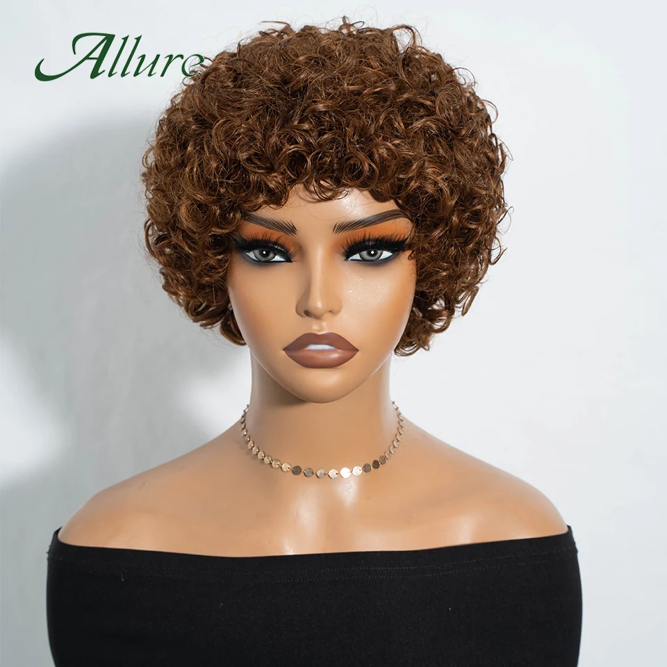 Brazilian Jerry Curly Human Hair Wigs for Black Women Short Pixie Afro Kinky Curly Wig With Bangs Brown Colored Hair Wig Allure