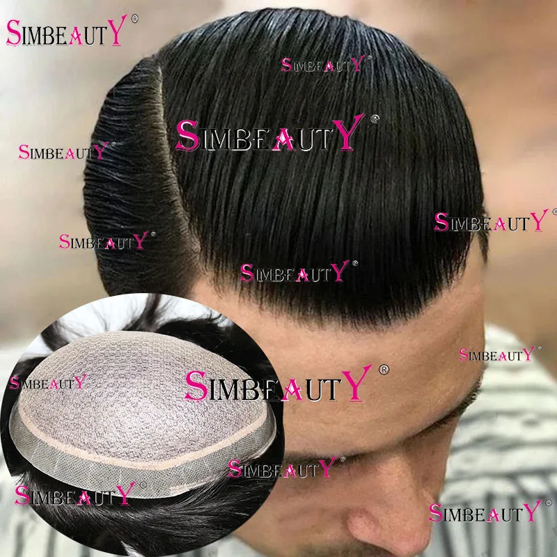 

Cool Man Silk Base Black Mens 100% Indian Human Hair Toupee Poly Pu Around Natural Scalp Looking Silk Top Man Wig Bleached Knots