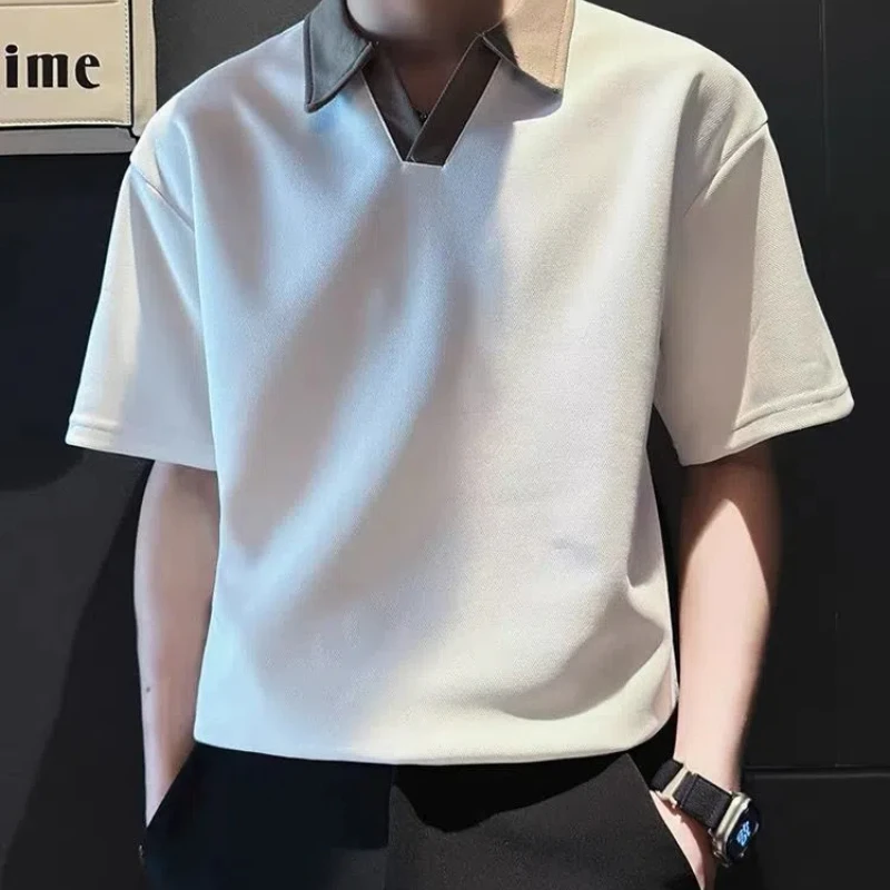 New Summer High-end Lapel Short-sleeved T-shirt for Men's Trendy and Handsome Fashion Contrasting V-neck Korean Polo Shirt