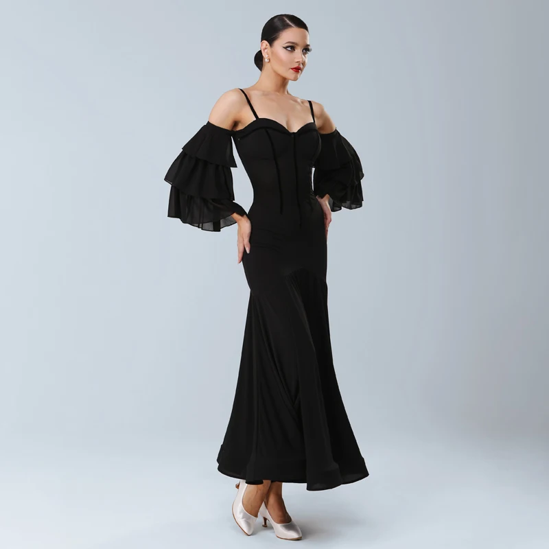 Female Modern Dancing Clothes Women\'S Waltz Ballroom Dance Professional Costume Adults Cake Sleeves Latin Dance Dress SL11012