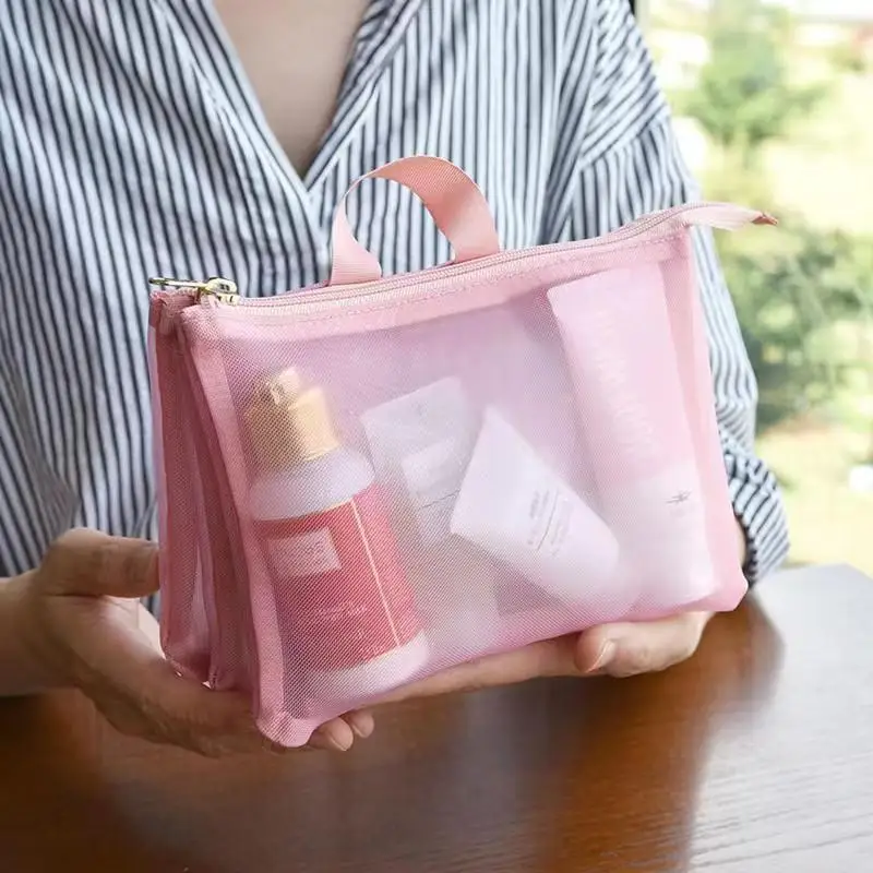 Nuova borsa portaoggetti in rete tinta unita con scomparto Borsa da toilette portatile da viaggio Borsa per cosmetici Custodia per articoli da